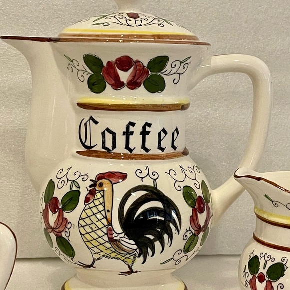 1950's Ceramic Coffee Tea Pot Creamer Sugar Set Rooster Hand Painted Acson Japan - Picture 2 of 9